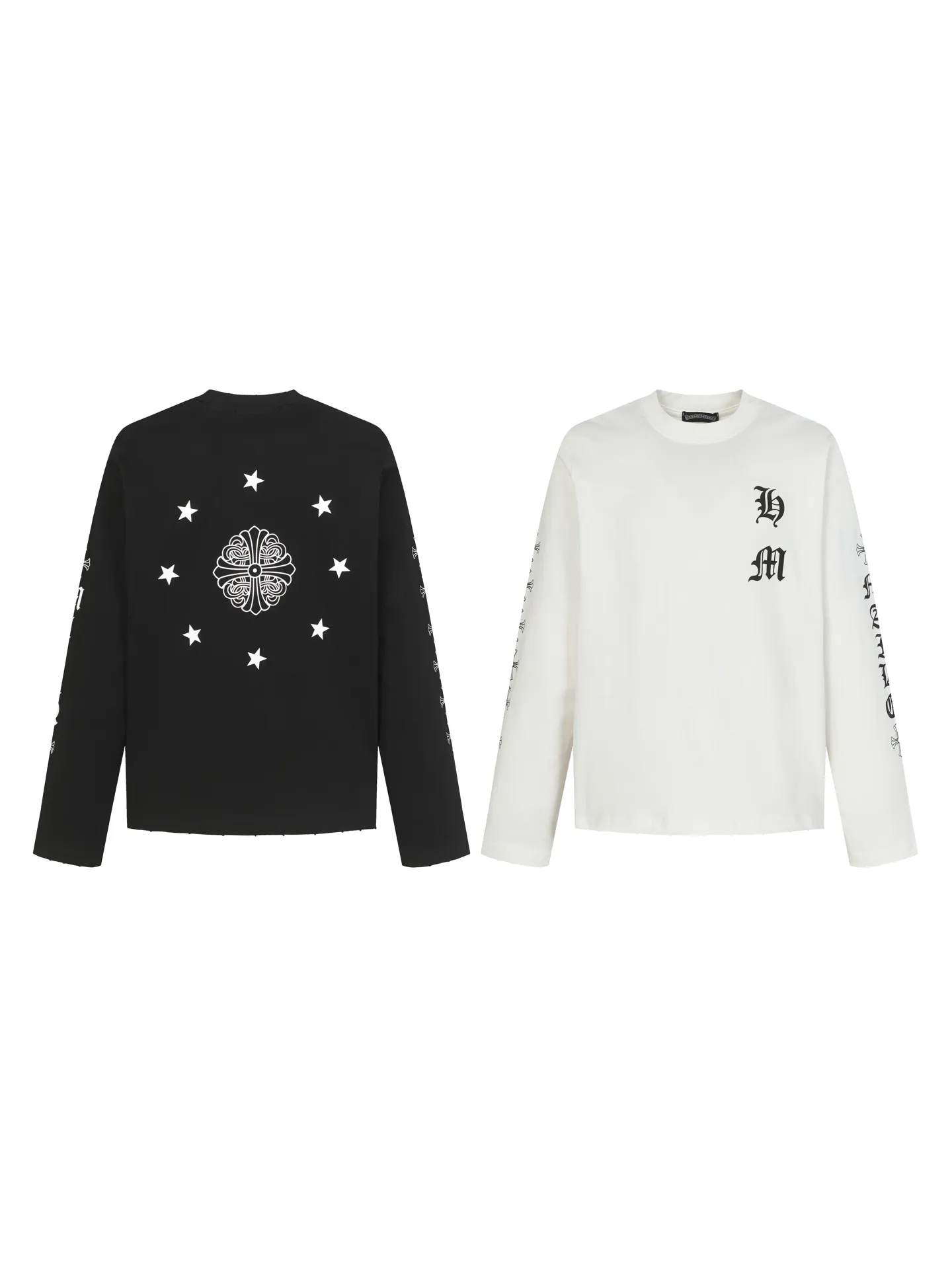 🅿️270 CH/Croxin new frayed printed long sleeves 280g double yarn fabric frayed on four sides Heavy fabric The neckline is made of icy Solona Loose fit Deep, wide and stylish No deformation or shrinkage Color: Black/White Size: XS-L